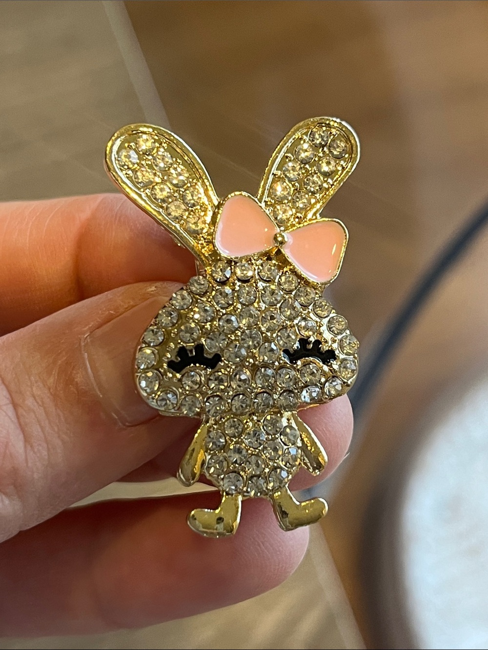 Silver (colored metal )  Glitter Bunny Pin with Pink Bow